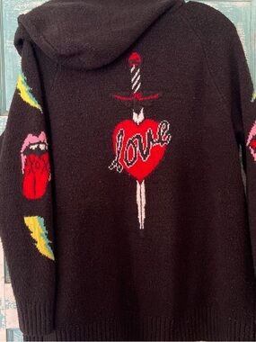 Betsey Johnson Black Hooded Sweater with Red Heart Dagger 'Love' Graphic